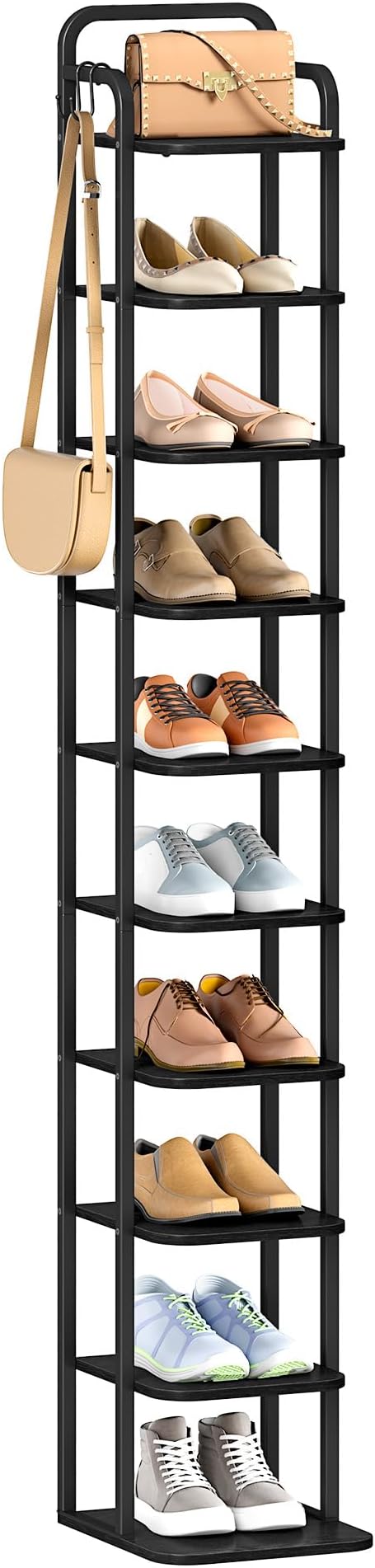 Hzuaneri Vertical Shoe Rack, Shoe Shelves, Wood Shoe Organizer for Closet, Entryway, Shoe Tower for Small Spaces, Free Standing, Adjustable, with 2 Hooks, 10 Tier Black SR11204B