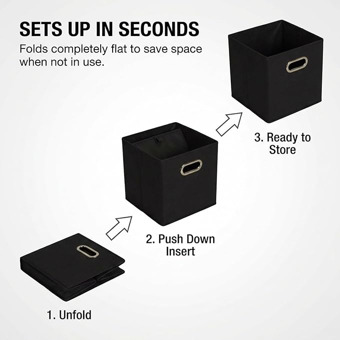 Household Essentials Foldable Fabric Storage Bins 6 Piece Set, Strong Poly-Woven Fabric, Sturdy Chipboard Sides, Grommet Front Handle, Stackable and Foldable, Classic Design, Black