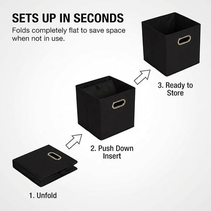 Household Essentials Foldable Fabric Storage Bins 6 Piece Set, Strong Poly-Woven Fabric, Sturdy Chipboard Sides, Grommet Front Handle, Stackable and Foldable, Classic Design, Black