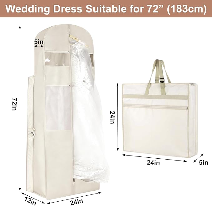 Foldable Wedding Dress Garment Bag for Travel, Hanging Garment Bag for Travel for Gowns and Long Dresses (White, 1PCS-72‘’)