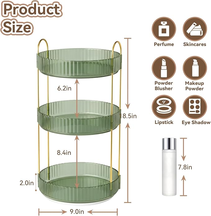 360° Rotating Makeup Organizer for Vanity, 3 Tier Perfume Organizers Skincare Organizers and Storage for Bathroom Countertop, Spinning Cosmetic Organizer for Bedroom Dresser Counter (Green)