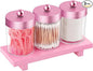 Pink Qtip Holder Bathroom Set - 3 Pack Apothecary Jars with Metal Lids and Vanity Tray.Bathroom Organizers and Storage, Cute Vanity Makeup Organizer, Bathroom Decor Accessories