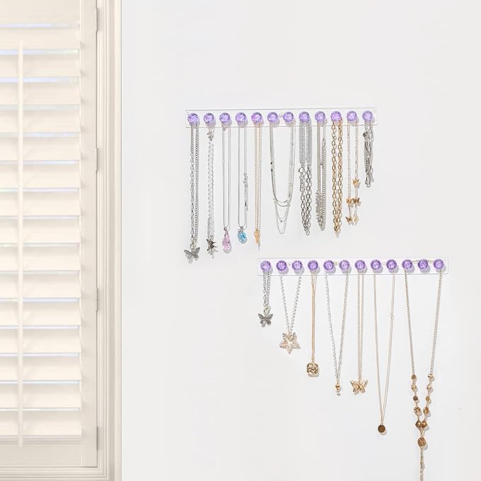 Acrylic Necklaces Holder Wall Mounted Necklace Hangers Hanging Jewelry Organizer with 12 Hooks, Clear Jewelry Hangers for Necklace Organizer for Girls Women, Necklace Hooks for Wall (Purple, 2 Pack)