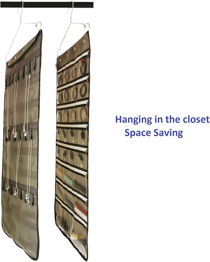 Zippered Jewelry Organizer Dual Sided Hanging with Hanger for Travel Home Closet Storage (28 Zippered Clear Pockets and 20 Tape Loops Grey)
