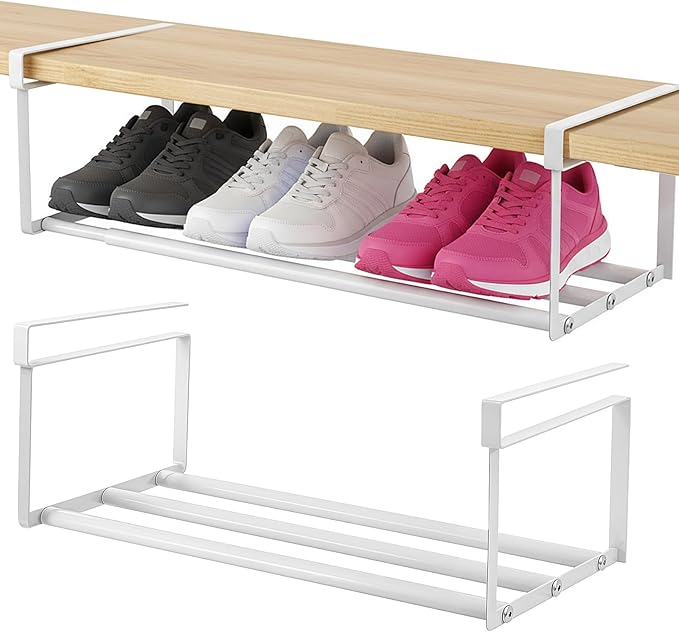 2 Pcs Expandable Shoe Rack Organizer, Adjustable Retractable Shoe Racks, Multifunctional Under Cabinet Hanging Shelf for Closet Storage, White, 16.5-31.5 Inch, Space Saving