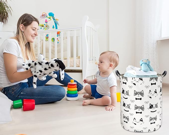 Large Storage Baskets,Waterproof Laundry Baskets,Collapsible Canvas Basket for Storage Bin for Kids Room,Toy Organizer,Home Decor,Baby Hamper(Bowknot Cat)