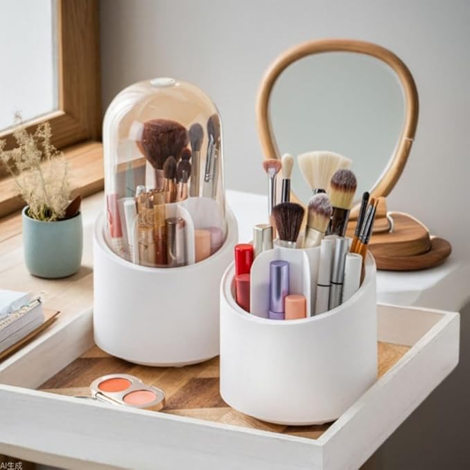 Fantasee 360° Rotating Makeup Brush Organizer, 7-Compartment Storage with Transparent Dustproof Cover, Cosmetic Tools Storage Holder for Bathroom Vanity Countertop (Classic White, Cylindrical)