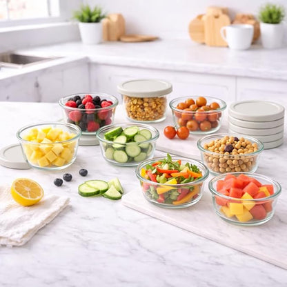 16-Piece Glass Food Storage Containers Set (8 Containers + 8 BPA-Free Lids) | 1-Cup, Leakproof | Microwave, Freezer, Oven & Dishwasher Safe | Ideal for Meal Prep & Pantry Organization, Beige