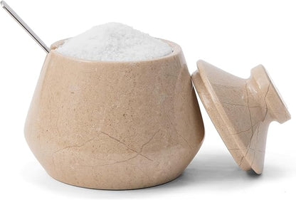 Marble Salt Cellar with Lid 3 Inch Beige Handmade Salt Box, Seasoning Container & Spice Jar with Spoon, Stone Salt Holder for Counter, 3 OZ Capacity, Ideal Mother’s Day Gift, Home Decor