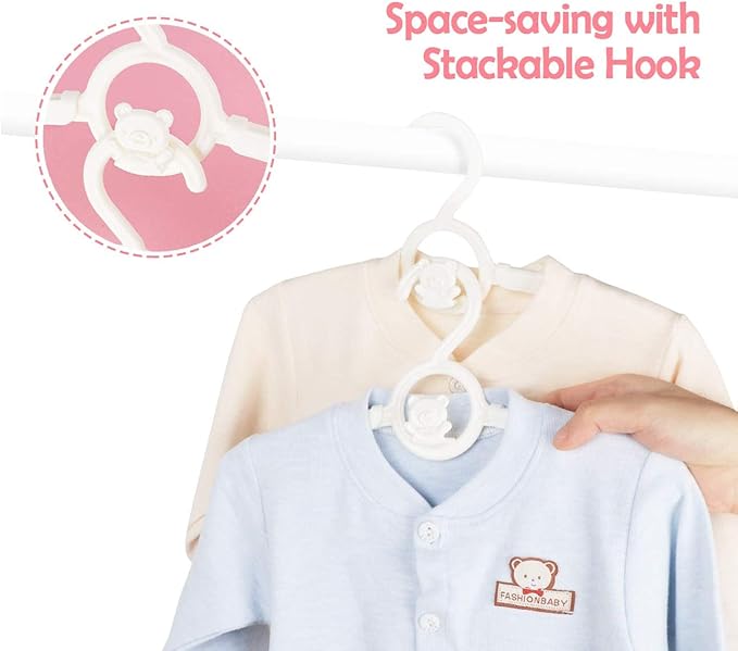 HGYZE Baby Hangers for Closet 20pcs, White Kids Clothes Hanger Plastic, 11-14" Adjustable Bulk Perchas for Newborn, Non-Slip Children Outfit Bear Hanger for Girl Boy Toddler Infant Nursery Clothing