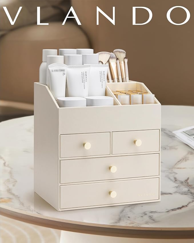 VLANDO Makeup Organizer Countertop,Large Vanity Organizer PU Leather Make up Storage with 4 Drawers Perfume Organizers Cosmetic Display Case for Lipstick,Brushes,Bedroom-Beige