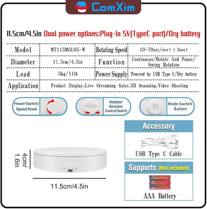 Rotating Display Stand with Type-C, 360 Motorized Spinning Display Turntable Adjustable Speed and Direction, Cup Turner for Tumblers, Photography Lazy Susan for Jewerly Display (white, 4.53'')