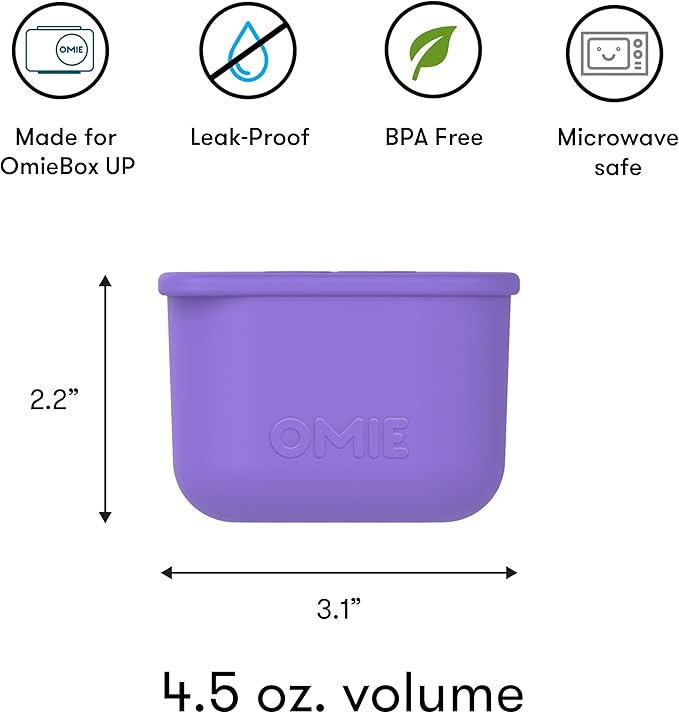 OmieBox UP (2 pack) Leakproof Dips Containers To Go, Salad Dressing Container, Condiment Container with Lids - Food Safe Silicone - 4.5 ounces (Purple/Green)