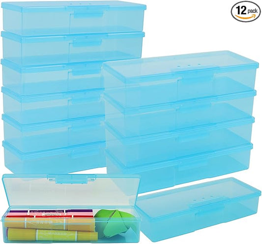 Clear Plastic Nail Storage Box - 12 Pack Small Organizer Case for Manicure Pedicure Kits, Nail Art Accessories, Beads, Business Cards & Crafts, Rectangle Box for Small Parts 7.6 x 3.1 x 1.6 in (Blue)