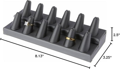 Plymor Gray Faux Leather 2-Tier Ring Finger Display, Twelve on Rectangular Base, 8.125" W x 3.25" D x 2.5" H (Pack of 12)
