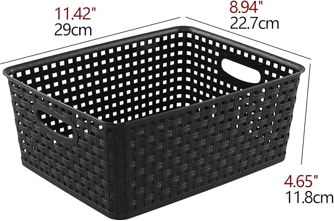 Plastic Weave Storage Baskets, Plastic Shelf Basket Bins, Black, 4 Packs