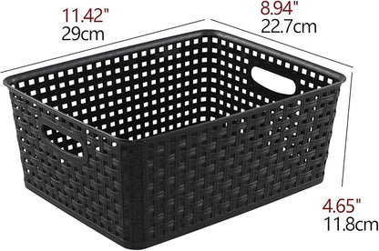 Plastic Weave Storage Baskets, Plastic Shelf Basket Bins, Black, 4 Packs