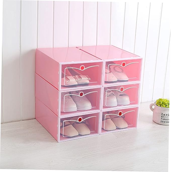 6pcs Transparent Stackable Shoe Box Thickened Plastic Storage Container for Shoes Large Pink for Organizing Closets and Entryways