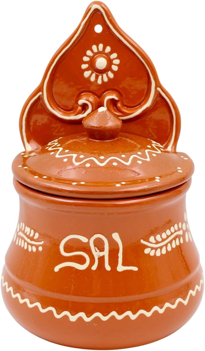 Portuguese Terracotta Salt Holder with Lid, Hand-Painted Sal Design – Food Safe, Wall-Mountable, Traditional Portuguese Kitchen Decor (Large)