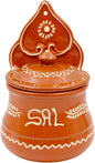 Portuguese Terracotta Salt Holder with Lid, Hand-Painted Sal Design – Food Safe, Wall-Mountable, Traditional Portuguese Kitchen Decor (Large)