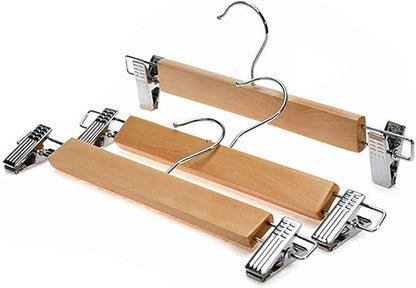 10-Pack Natural Finish Wooden Pant Skirt Hangers with 2-Adjustable Anti-Rust Clips