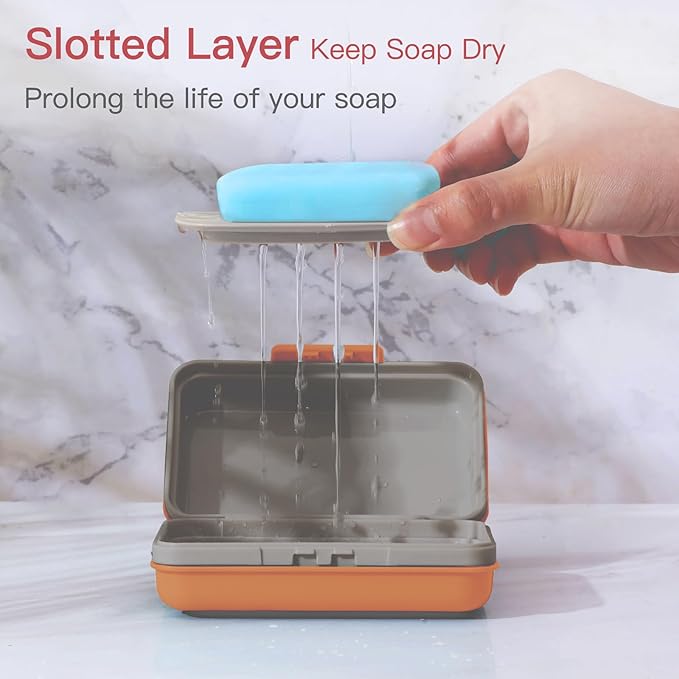 Quatish Leakproof Bar Soap Holder Dish with Lid for Shower, Portable Travel Soap Case Box for Gym, Camping, Hiking, Outdoor Use, Travel Size Toiletries Essentials, Keeps Soap Dry, Orange