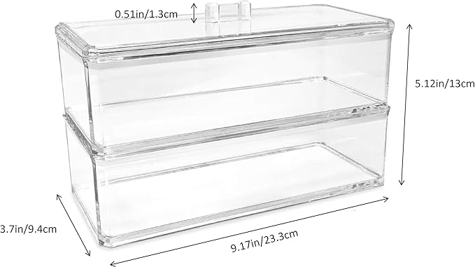 Acrylic Makeup Organizer Cosmetic Storage Display Case Makeup Brush Cotton Ball Pads Swab Q-tip Holder Lipstick Dispenser Canister Bathroom Container (9.2x3.7x5.1in, 2 Tiers, Clear)