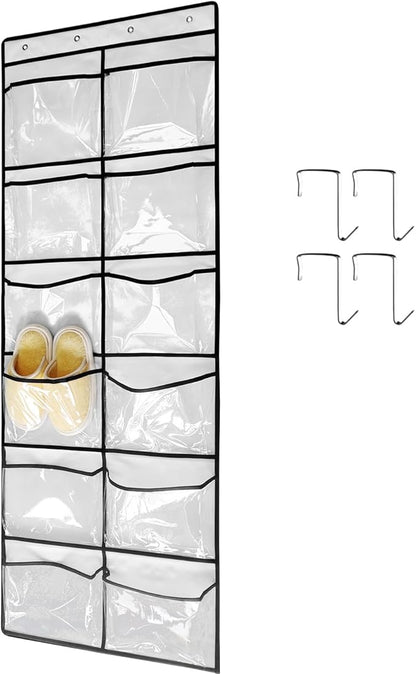 Clear Crystal 1 Pack 12Pockets Large Hanging Shoe Organizer Over The Door Shoe Rack for Closet Door Storage Shoe Holder Hanger, 4Hooks, White (59'' x 21.6'')