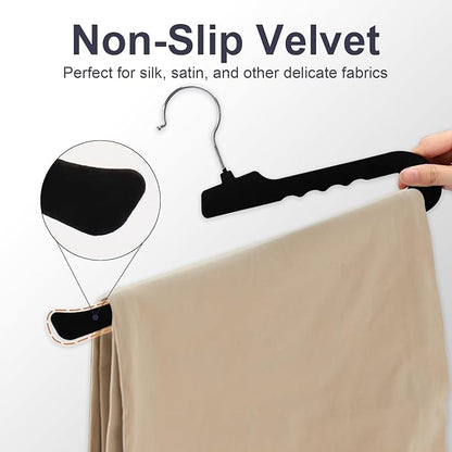 Velvet Pants Hangers - 8 Pack Black Non Slip Open Ended Hanger with 360 Swivel Hook - Closet Space Saving Hanger for Heavy Pants, Jeans, Trousers, Scarf