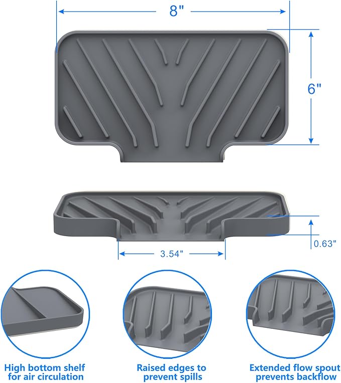 Sponge Holder for Kitchen Sink, Dish Sponge Holder & Soap Tray with Drain, Bathroom Sink Sponge Drying Rack & Perfect Organizer for Dispenser,Bottle,Cup on Sinks or Counter(8"x 4"Gray)