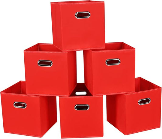 Fabric Cloth Storage Bins,Fabric Cube Bins Organizer with Dual Handles Foldable Cube Storage Baskets for Home Bedroom Storage,Set of 6,(Red)