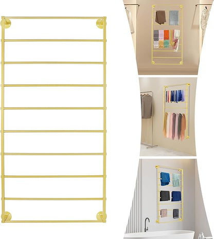 Wall Mounted Scarf Rack, 10 Tiers Display Ties & Scarf Storage Rack, Space-Saving Wrapping Paper Organizer Ribbon Holder Wall Display Rack for Flower Shops, Craft Room (Gold)