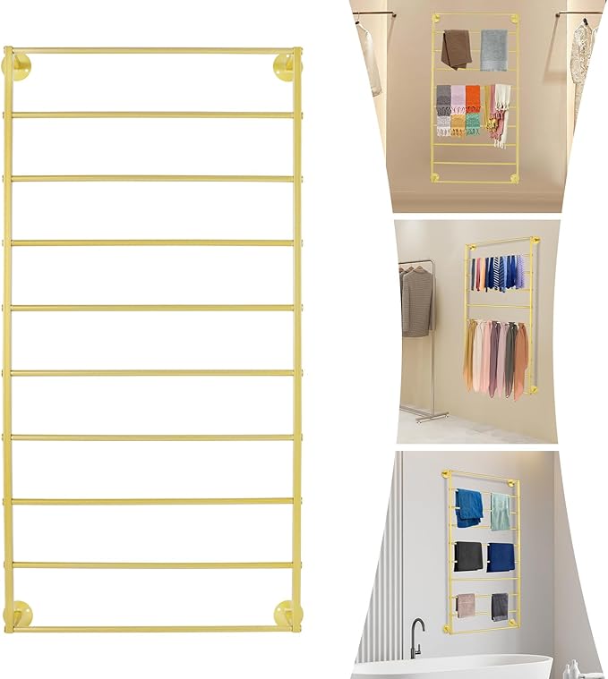 10 Tiers Tie & Scarf Rack, Wall Mounted Scarf Rack, Wall Display Rack, Multifunctional Metal Rack, Towels Storage Rack, Ribbon Holder Wall Display Rack for Accessory Stores Flower Shops (Gold)