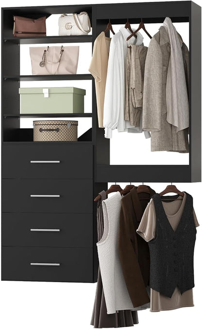 Modular Closet System, 52" Wide Closet Organizer System with Tower and Drawers, Wood Tower Closet Storage for Walk In Closets, Wall Mounted Wardrobe Organizer Kit System, Bedroom, Black