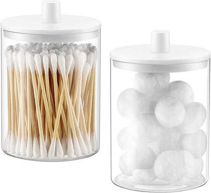 TIPGO Glass Qtip Holder Dispenser for Bathroom - 10 oz Clear Canister Apothecary Jar for Cotton Swabs, Balls, Pads, Floss Picks, Small Containers for Makeup Storage Organizer (2 Pack, White)