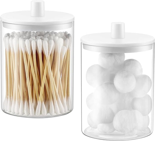 TIPGO Glass Qtip Holder Dispenser for Bathroom - 10 oz Clear Canister Apothecary Jar for Cotton Swabs, Balls, Pads, Floss Picks, Small Containers for Makeup Storage Organizer (2 Pack, White)