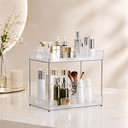 Goderewild 2-Tier Bathroom Counter Organizer, Multi-Purpose Cosmetics Skincare Shelf, Fits A4 Size Makeup Organizer for Office and Vanity Tray, Countertop Storage Solution for Kitchen,Bath.(Clear)