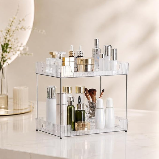 Goderewild 2-Tier Bathroom Counter Organizer, Multi-Purpose Cosmetics Skincare Shelf, Fits A4 Size Makeup Organizer for Office and Vanity Tray, Countertop Storage Solution for Kitchen,Bath.(Clear)