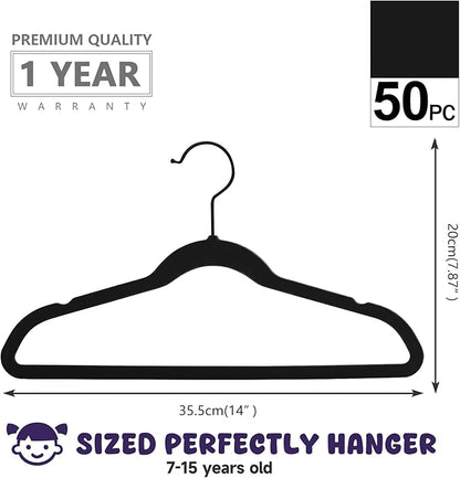 MIZGI Kids Velvet Hangers,Non-Slip Big Kids Hangers,14 Inch Hangers for Youth,Teen Clothes,Pack of 50（Black/Black）
