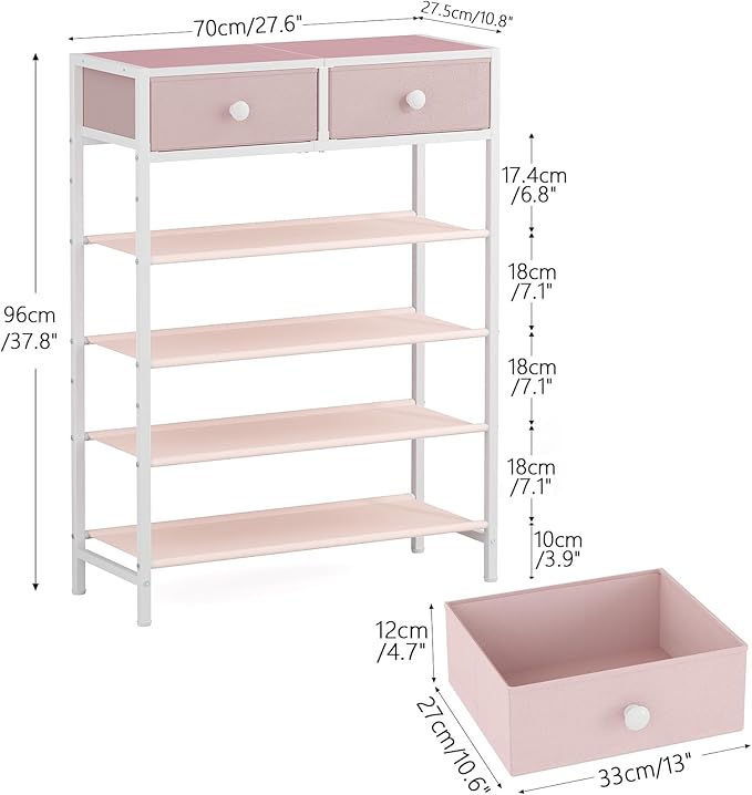 Shoe Rack, 5 Tier Shoe Organizer with 2 Drawers, Metal Shoe Storage for 16-20 Pairs of Shoes with Fabric Shelves and Wooden Top, Narrow Shoe Shelf for Closet Entryway Pink