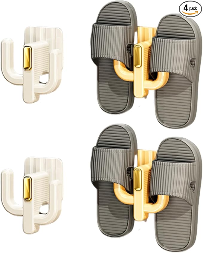 4 Pack Wall Mounted Shoe Rack - Multi-Use Hanging Organizer for Slippers, Hats, Towels & Keys, No-Drill Space-Saving Adhesive Storage for Home, Bathroom & RV, White & Yellow