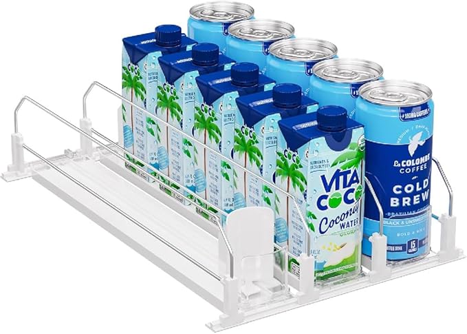 OnDisplay Drink Can Organizer for Fridge - White Automatic Pusher Glide, 12oz 16oz 20oz Soda Dispenser for Refrigerator - Holds up to 15 cans or 12-12 ounce cans.