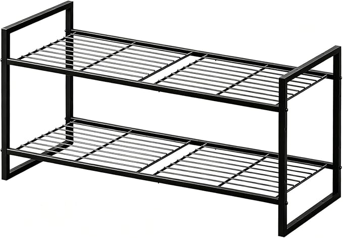 2 Tier Shoe Rack, Industrial 27" Wide Shoe Organizer with Extra Thick Metal Frame, Closet Shoe Shelf with Quick Assembly, Matte Black