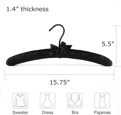 Black Satin Padded Sweater Hangers 5 Pack, Blouse Hanger with Thick & Soft Foam for Bridal Wedding Dress Lingerie, Smooth Silk Covered Shirt Hanger Without Shoulder Bump