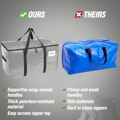 RUGGED RHINO 4 Pack Heavy Duty Extra Large Moving Bags, Durable Bag with Strong Handles and Zipper, Moving Boxes Alternative for College Packing, Holiday Décor, Space Saving Storage with Label, Silver