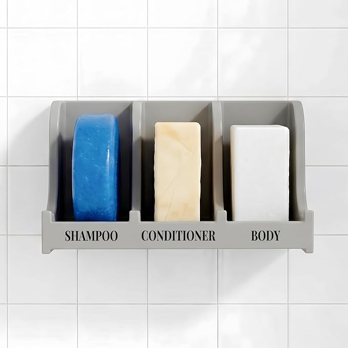 Soap Holder for Shower Wall, 3-Compartment Soap Dish for Shampoo, Conditioner and Body Soap, Fast Draining & Rust-Proof & Heavy Duty, Ultra-Strong Self Adhesive & Freestanding (Grey, Label)