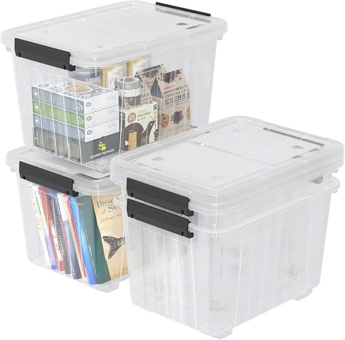 30 Quart Clear Plastic Storage Containers Bins with Wheels, Stackable Plastic Latching Totes with Lids, 4 Packs