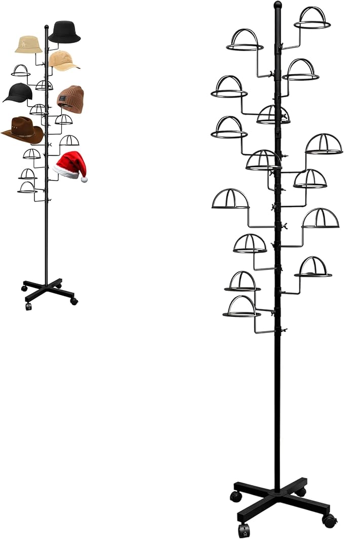 Montex Freestanding Hat Rack Stand, Metal Hat Organizer Rack with 14 Customisable Circular Hooks, Hats Tree Stand Floor Standing Hat Display, Black