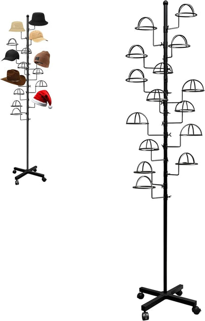 Montex Freestanding Hat Rack Stand, Metal Hat Organizer Rack with 14 Customisable Circular Hooks, Hats Tree Stand Floor Standing Hat Display, Black