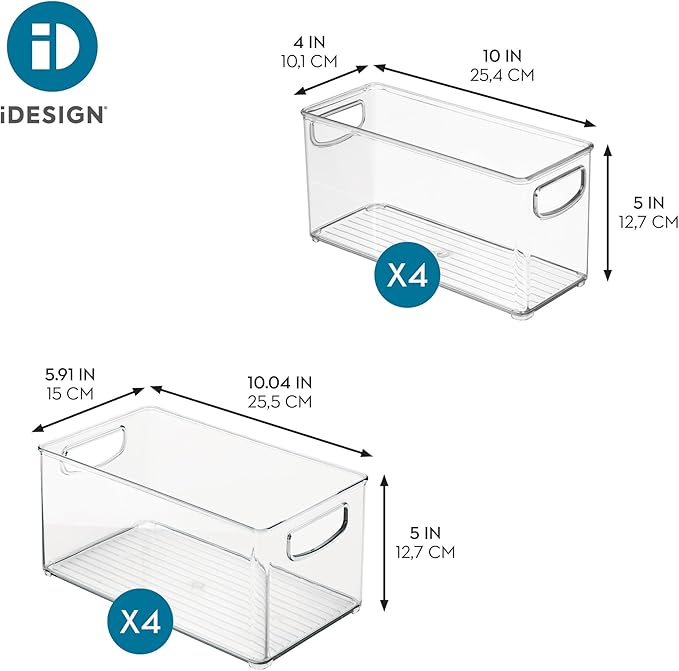 iDesign Stackable Pantry Bins with Handles, 4 Small and 4 Medium Bins, 8 Pack, Clear, Made in USA